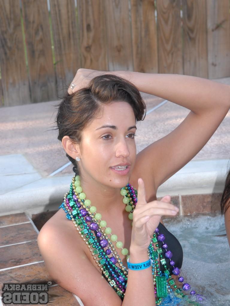 16P Nebraska Coeds take off their bikinis and go topless at pool par