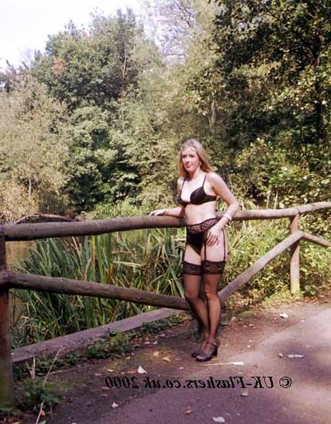 16P Cute amateur blonde flashing in lingerie outdoors