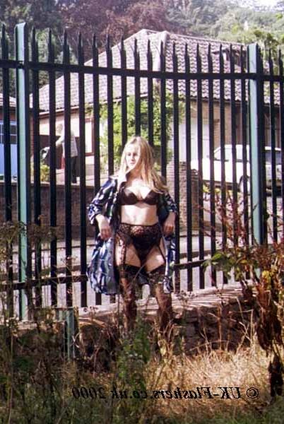 16P Cute amateur blonde flashing in lingerie outdoors