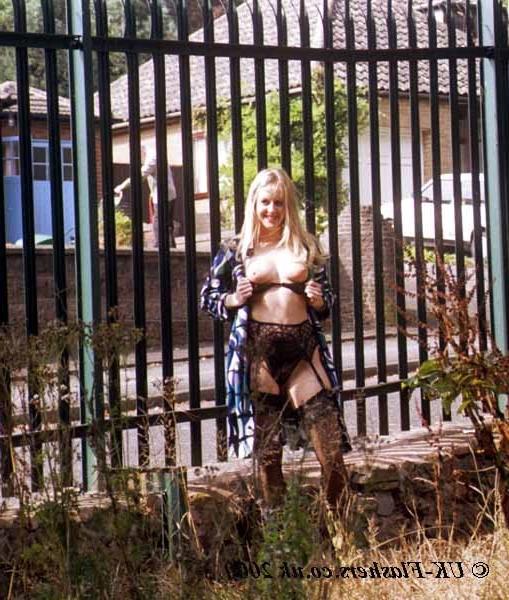 16P Cute amateur blonde flashing in lingerie outdoors