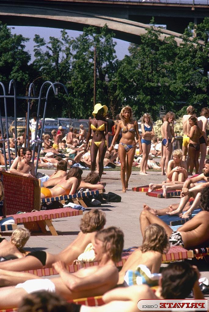 15P Vintage black pornstars in bikini on public beach