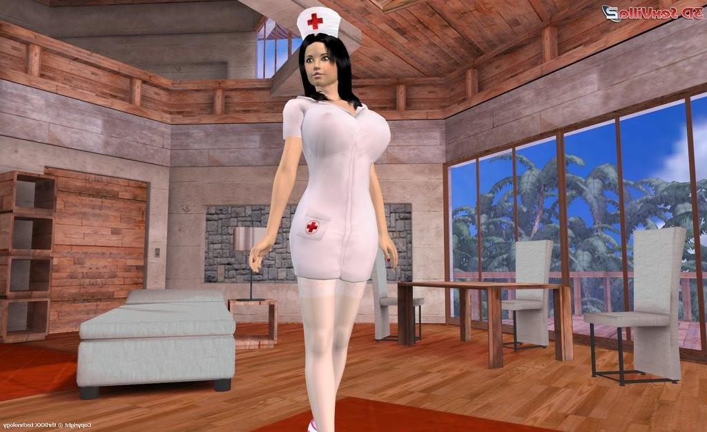 13P Busty cyber nurse fingering her pussy and her ass