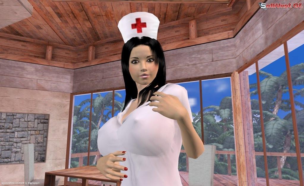13P Busty cyber nurse fingering her pussy and her ass