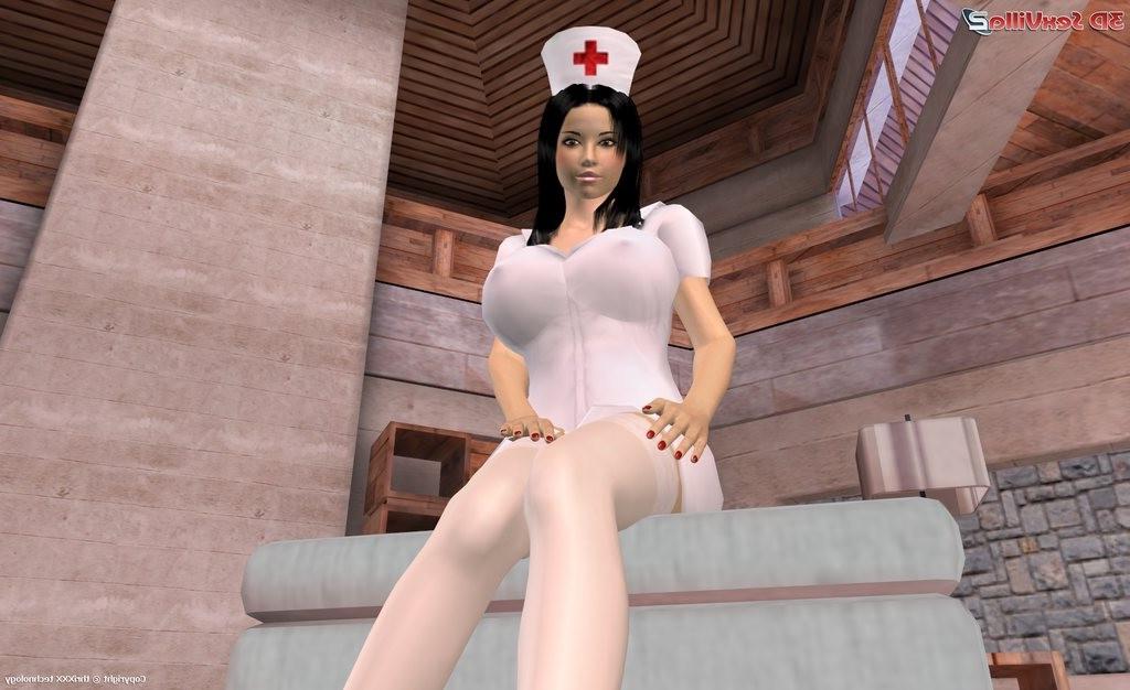 13P Busty cyber nurse fingering her pussy and her ass