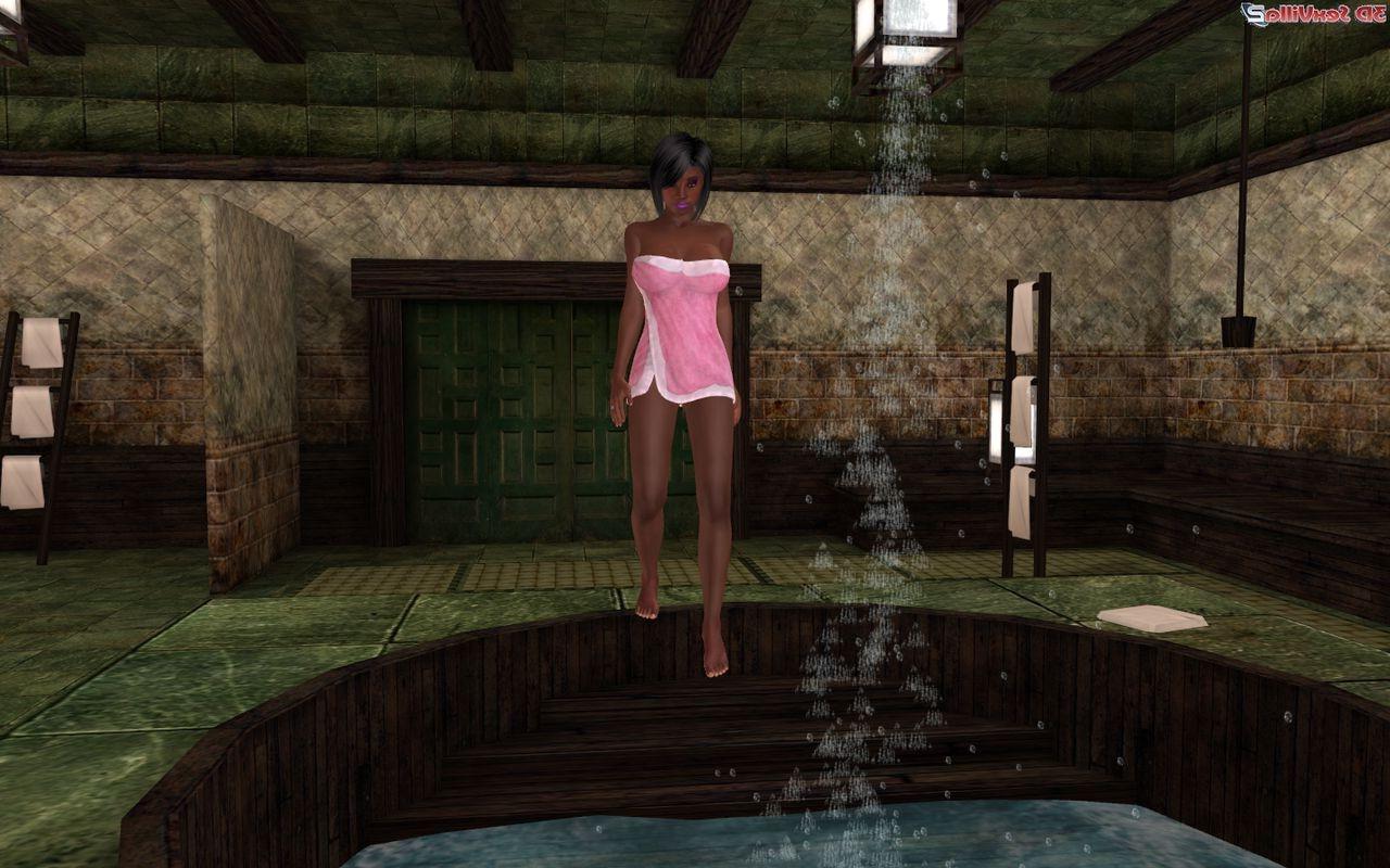 16P Animated black babe toys her holes in a bathhouse