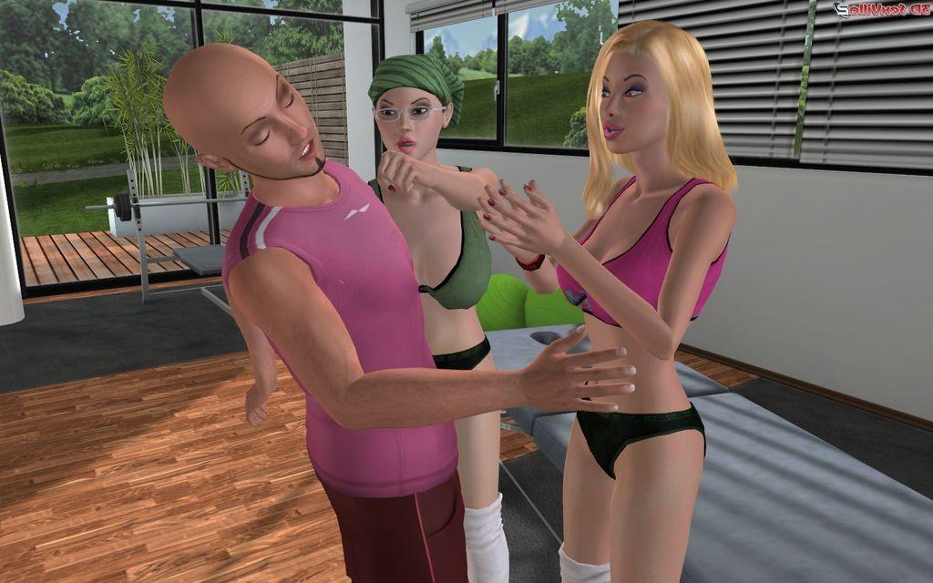 16P Two 3d animated fitness babes doing their coach