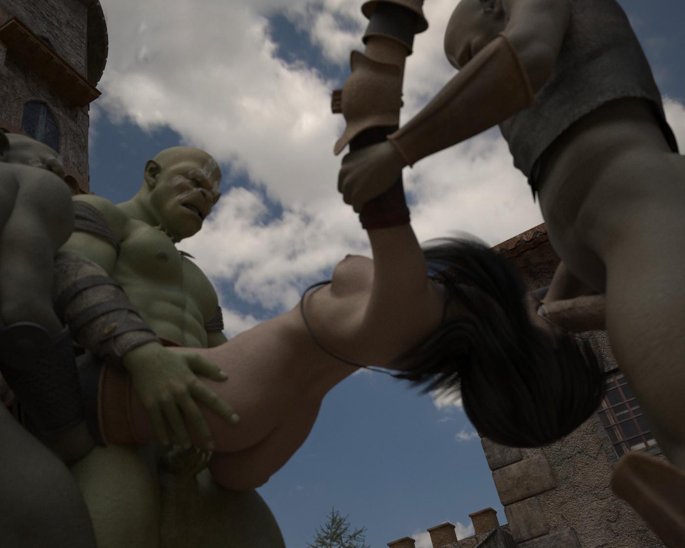 16P Pretty 3D hentai brunette gangbanged by a scary monsters