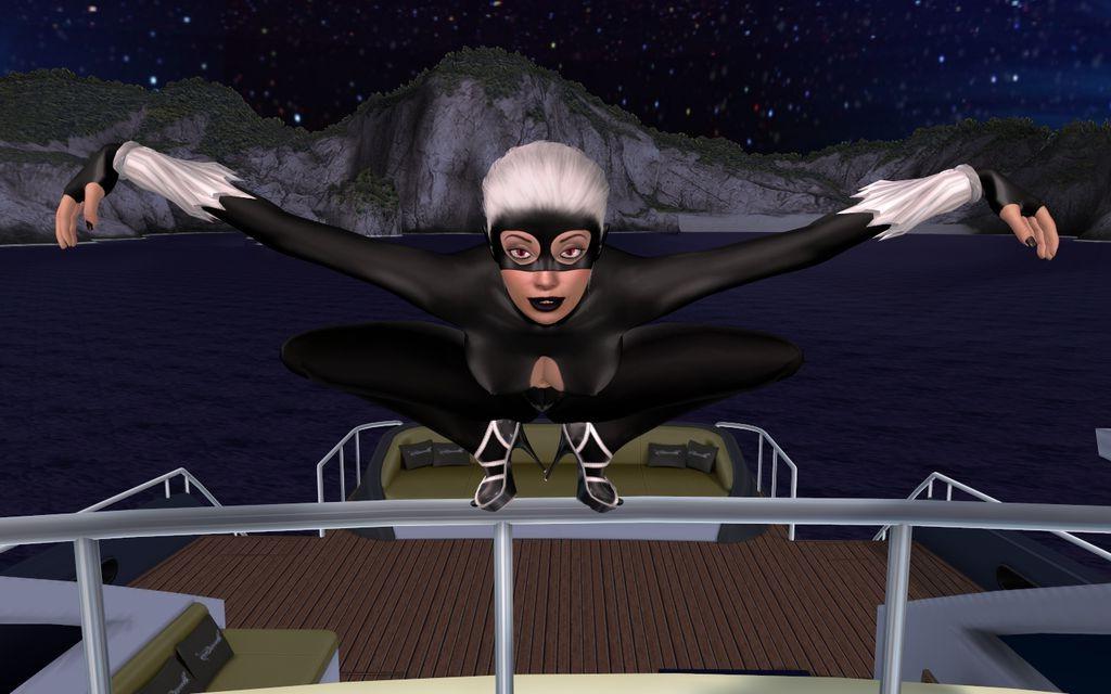 16P Busty superhero in a catsuit assaulting a yacht