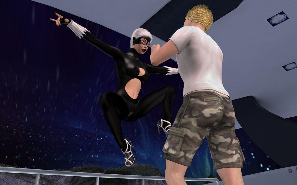 16P Busty superhero in a catsuit assaulting a yacht