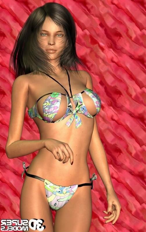 16P Brunette animated cg babe posing in a sexy bikini