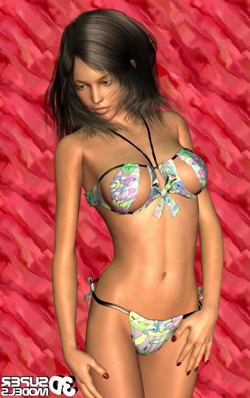 16P Brunette animated cg babe posing in a sexy bikini
