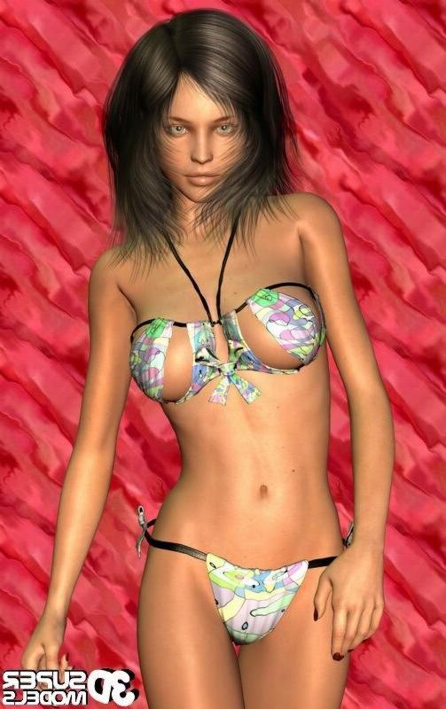 16P Brunette animated cg babe posing in a sexy bikini
