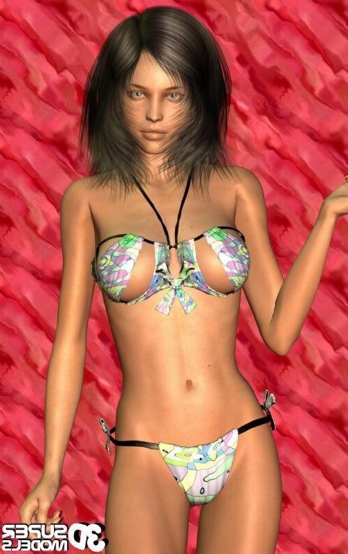 16P Brunette animated cg babe posing in a sexy bikini