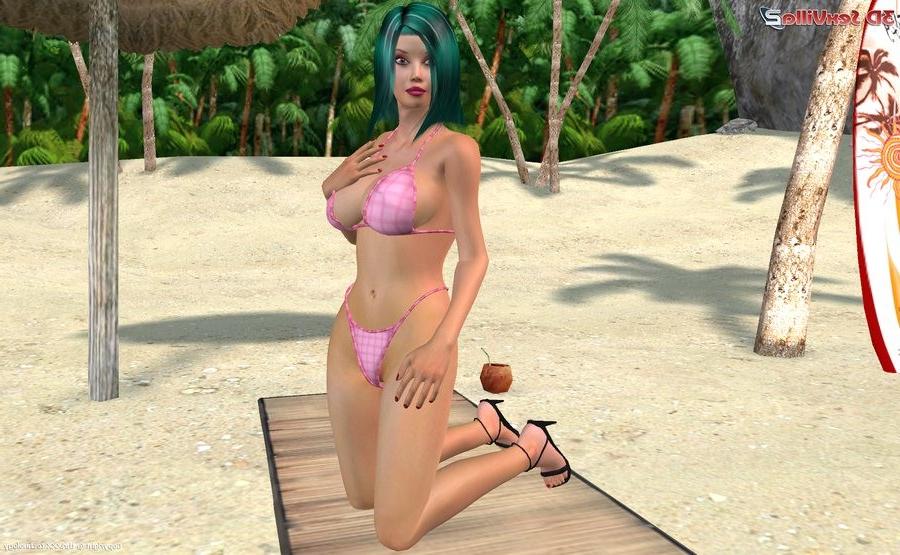 16P Animated babe posing in a bikini at the beach