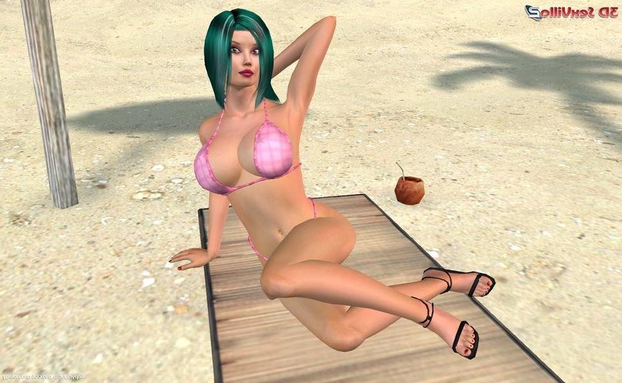 16P Animated babe posing in a bikini at the beach