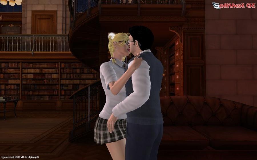 16P Library threesome with two busty cyber schoolgirls
