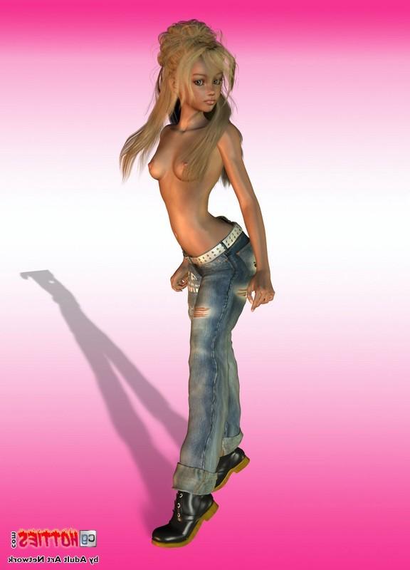16P Anime blonde posing in denim jeans and showing tits