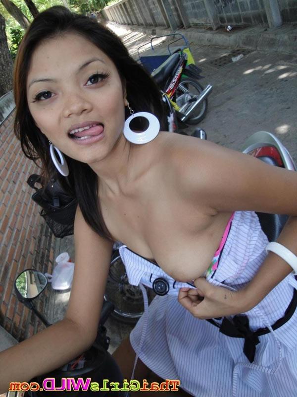 16P Hot Thai teen named Miy flashing tits and pussy outside then self shots