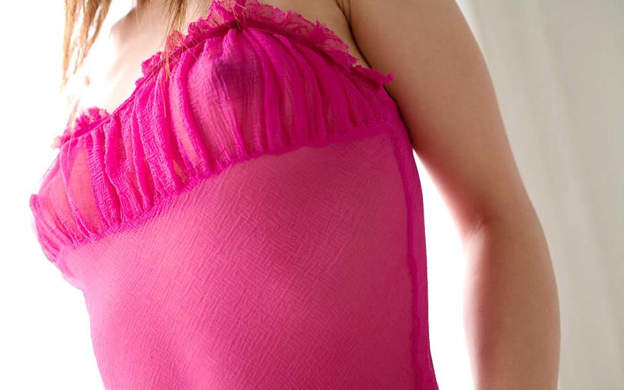 15P Cute japanese girl wearing a sheer pink dress