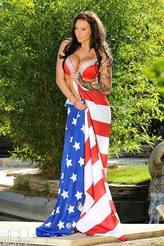 16P Daniella Mae gorgeous busty babe supports usa with hot striptease outdoors
