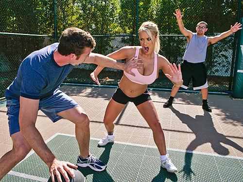 4P Sexy blond babe fucks on a basketball court