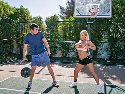4P Busty blond slut gets fucked outdoors after a nice game of basketball