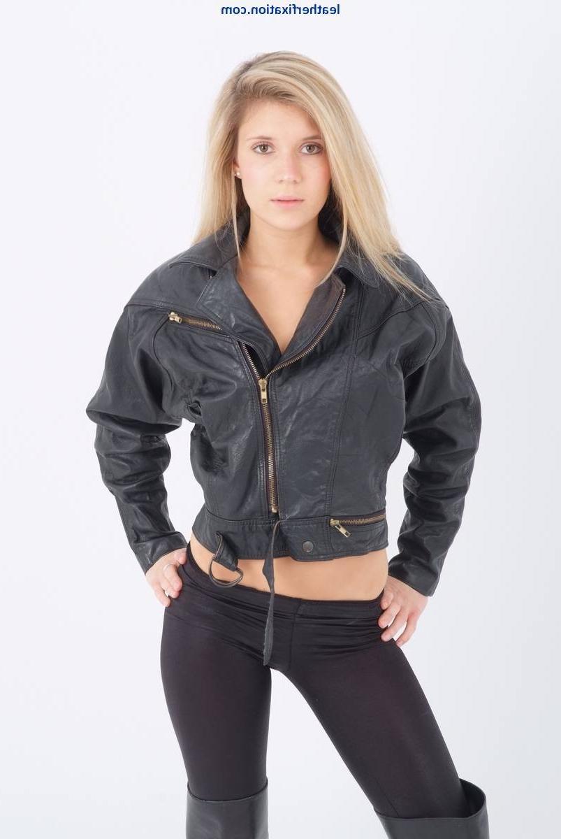 15P Lovely blonde Sam is wearing a sexy leather bikers chick jacket 