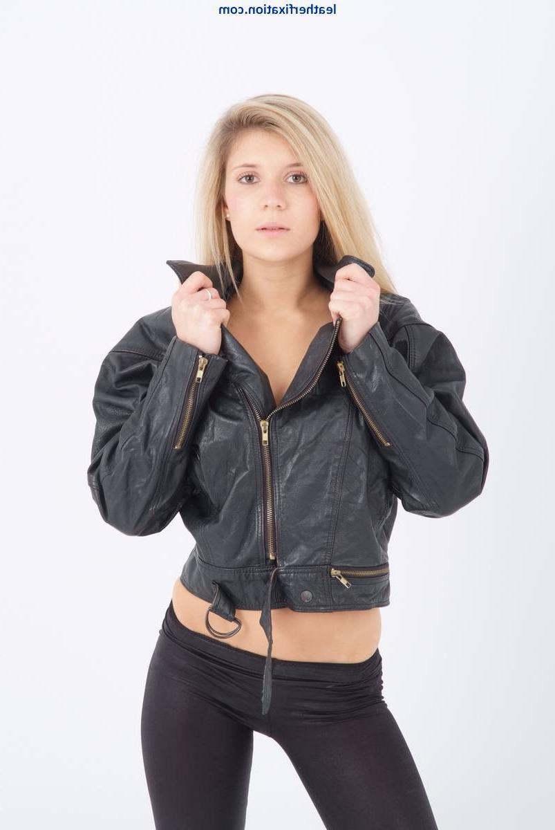 15P Lovely blonde Sam is wearing a sexy leather bikers chick jacket 
