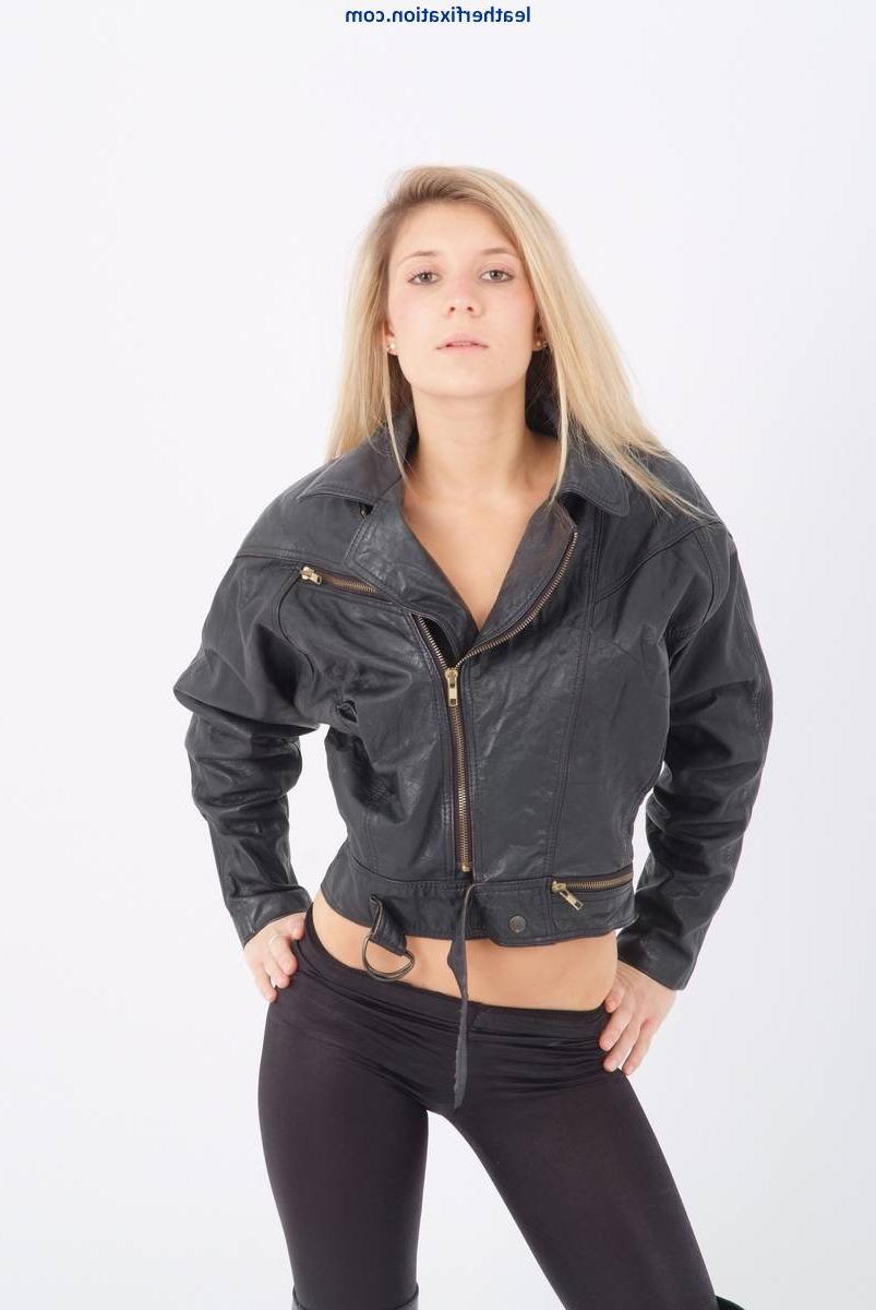 15P Lovely blonde Sam is wearing a sexy leather bikers chick jacket 