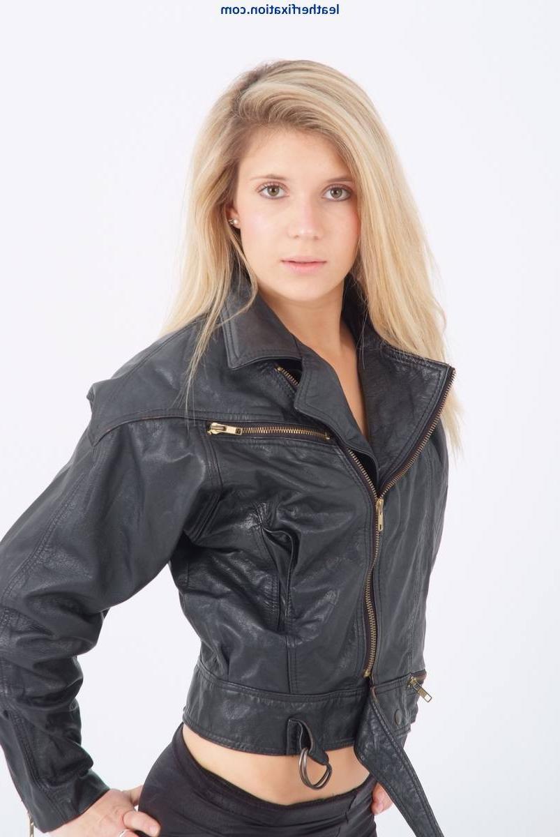 15P Lovely blonde Sam is wearing a sexy leather bikers chick jacket 