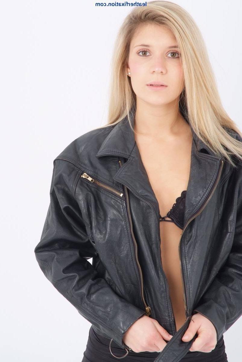 15P Lovely blonde Sam is wearing a sexy leather bikers chick jacket 
