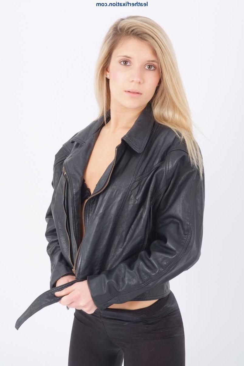 15P Lovely blonde Sam is wearing a sexy leather bikers chick jacket 