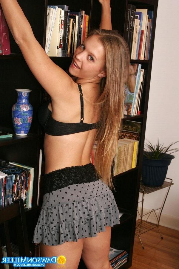 16P Busty Dawson Miller teasing in a black bra and mini skirt