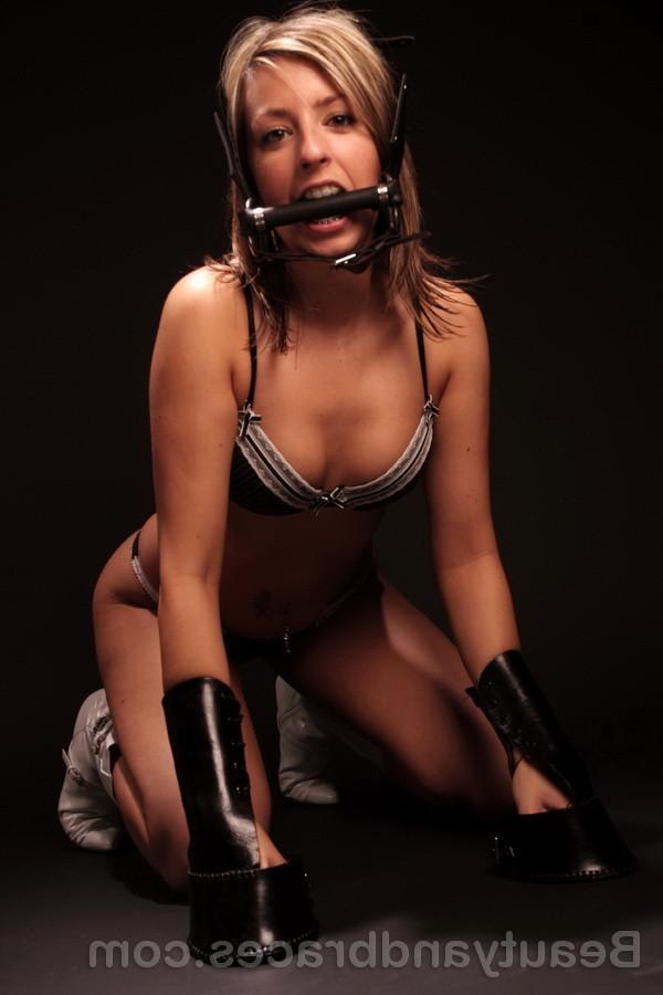 16P Blonde teen with braces and a horse muzzle in her mouth