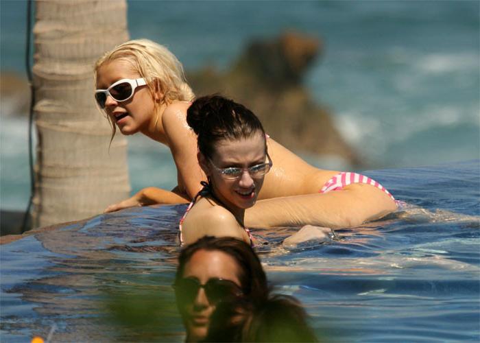 15P Christina Aguilera skimpy bikini &amp;amp; seethrough top