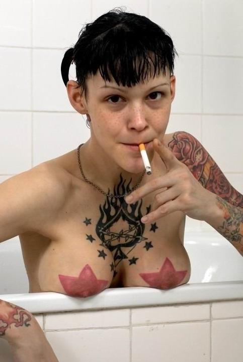 15P Cute brunette tattoed teen posing in the bath