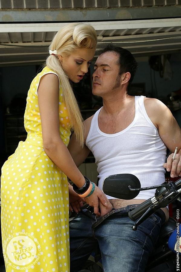 16P Cherry Kiss blonde on heels is fucked outdoors by cute biker boy