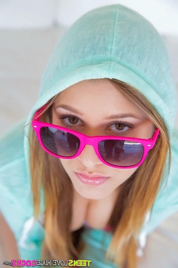20P Cute little teen girl in a hoodie and sunglasses giving a bj surprised by cum on