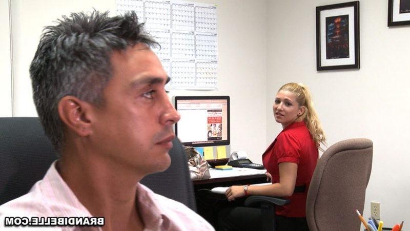 16P Brandi Belle and sexy secretaries sharing a cock