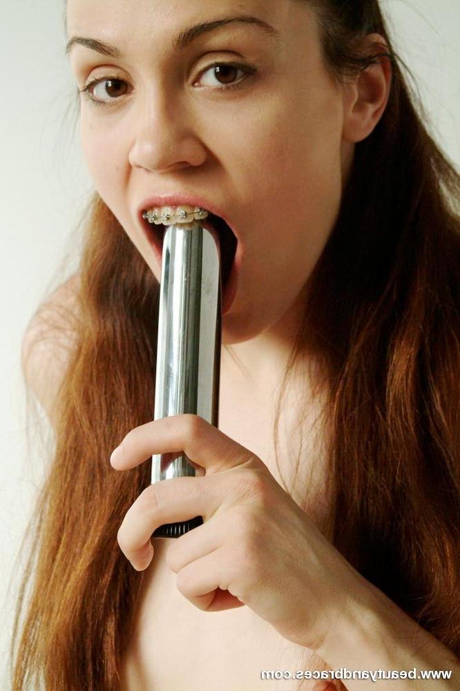 16P Cute teen with braces toys her tight pink twat