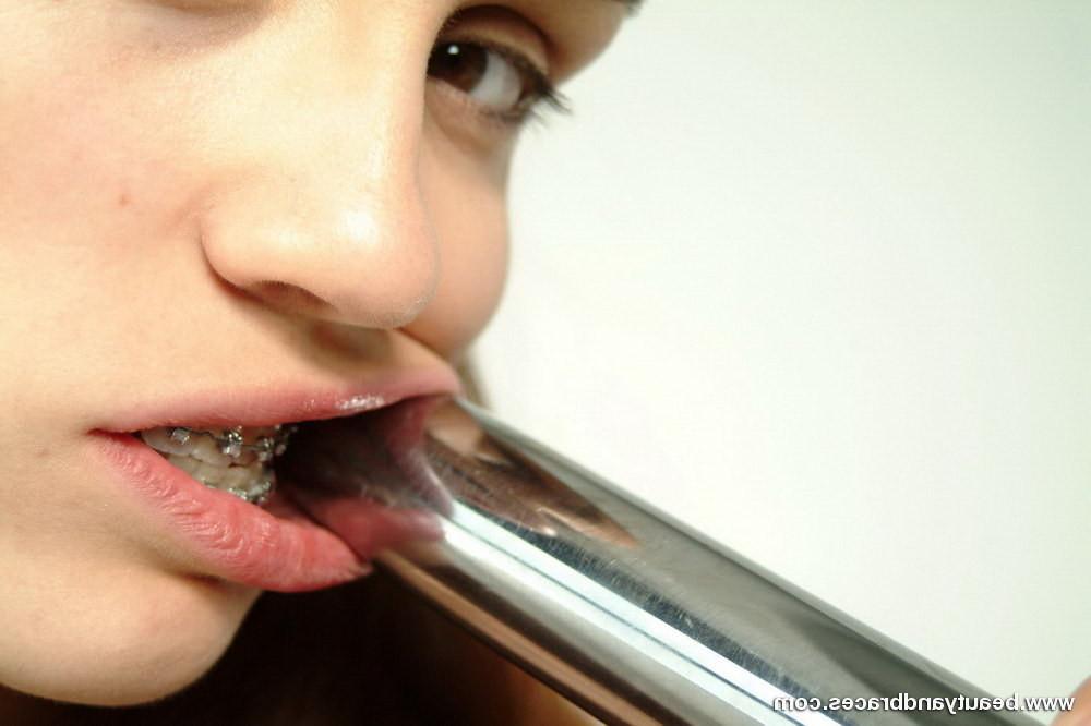 16P Cute teen with braces toys her tight pink twat
