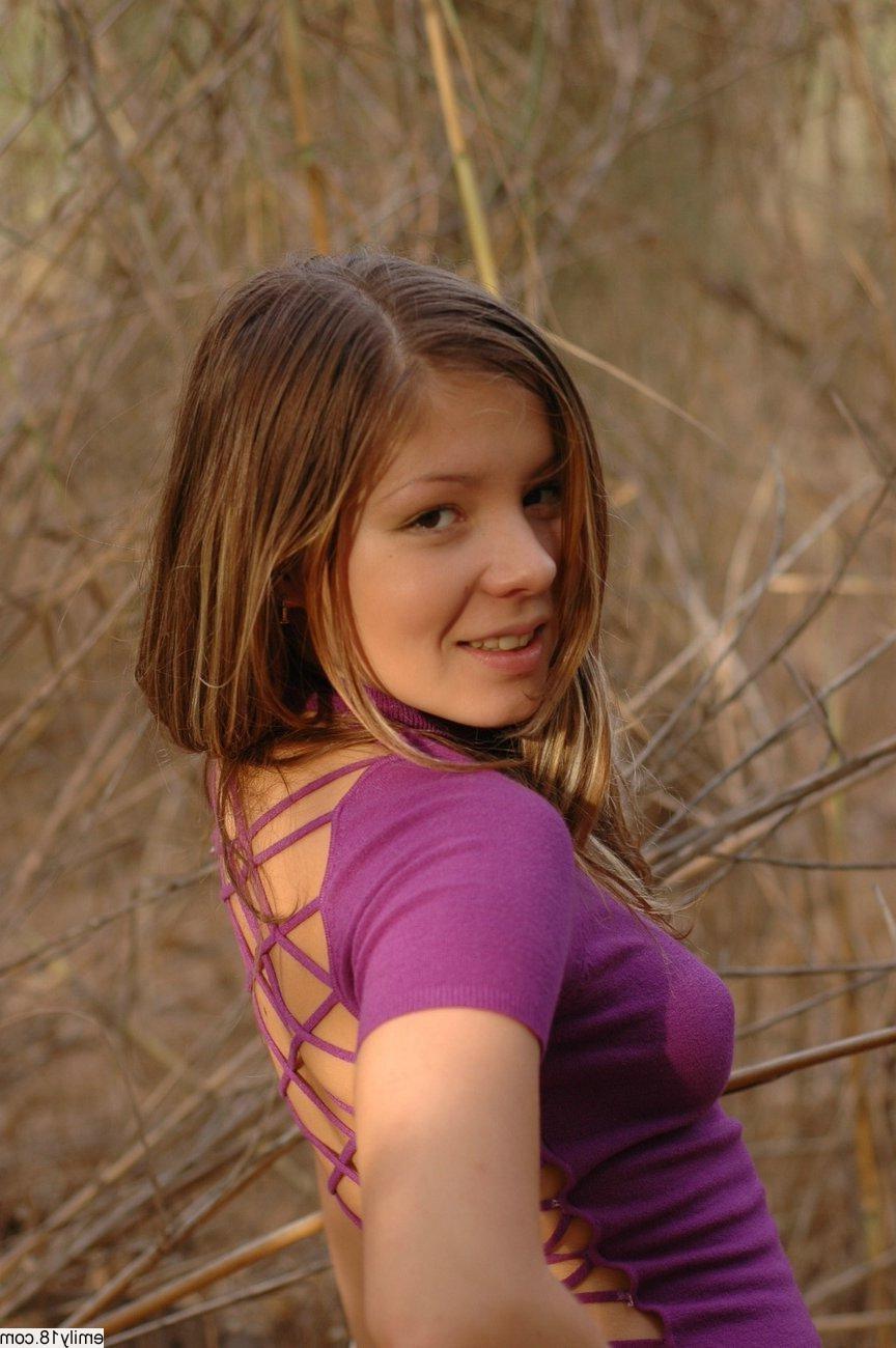 16P Pretty brunette teen girl in panties and topless outdoors