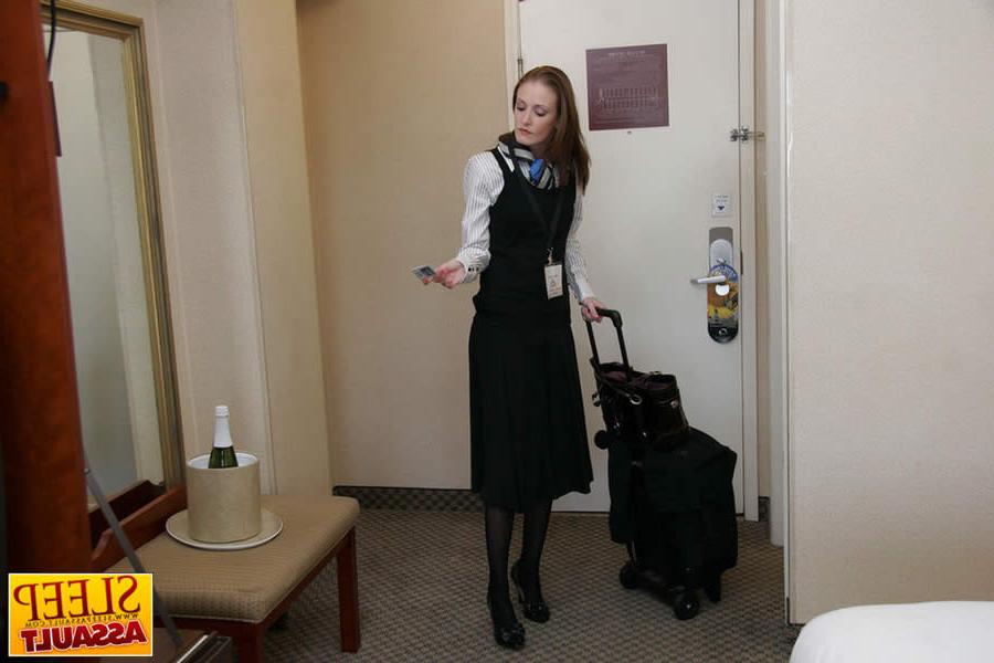 16P Brunette flight attendant sleep fucked by room service guy