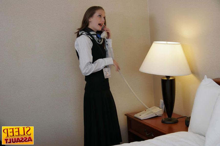 16P Brunette flight attendant sleep fucked by room service guy