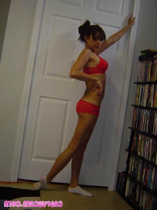 16P Amateur brunette teen in red bra and panties
