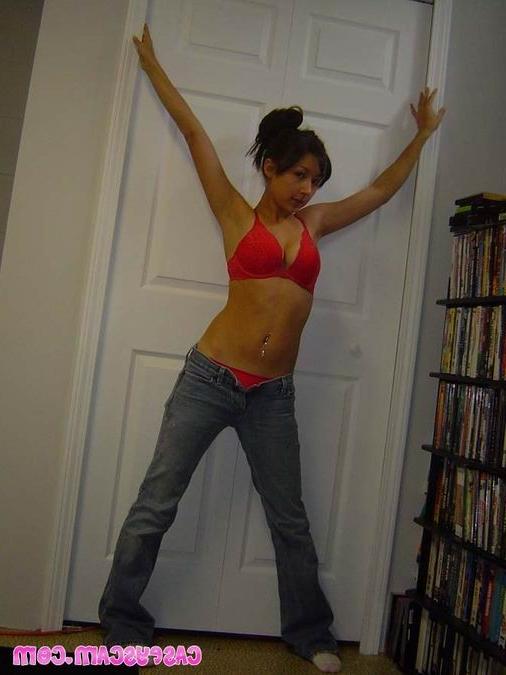 16P Amateur brunette teen in red bra and panties