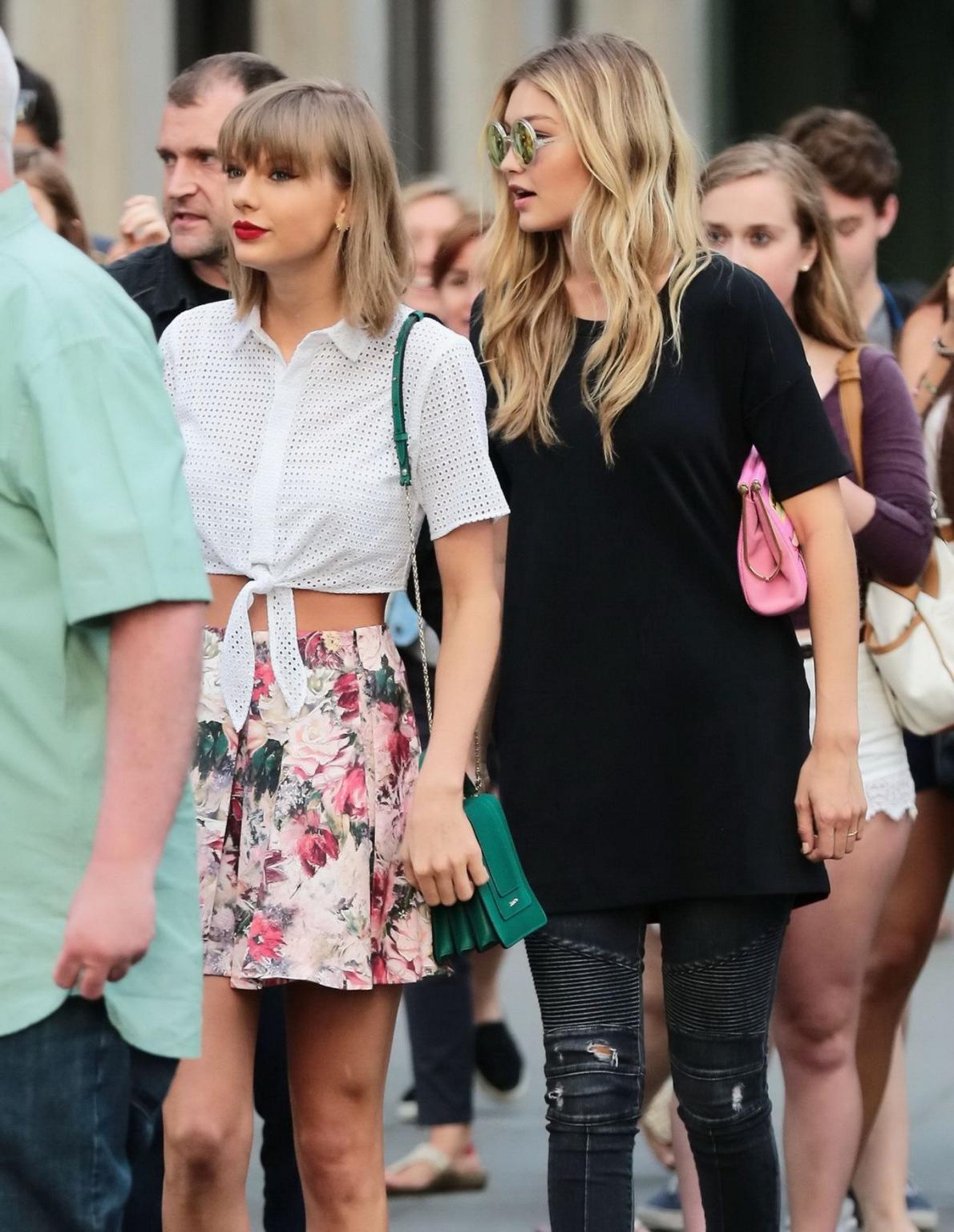 16P Taylor Swift see through to bra and leggy with Martha Hunt and Gigi Hadid out in