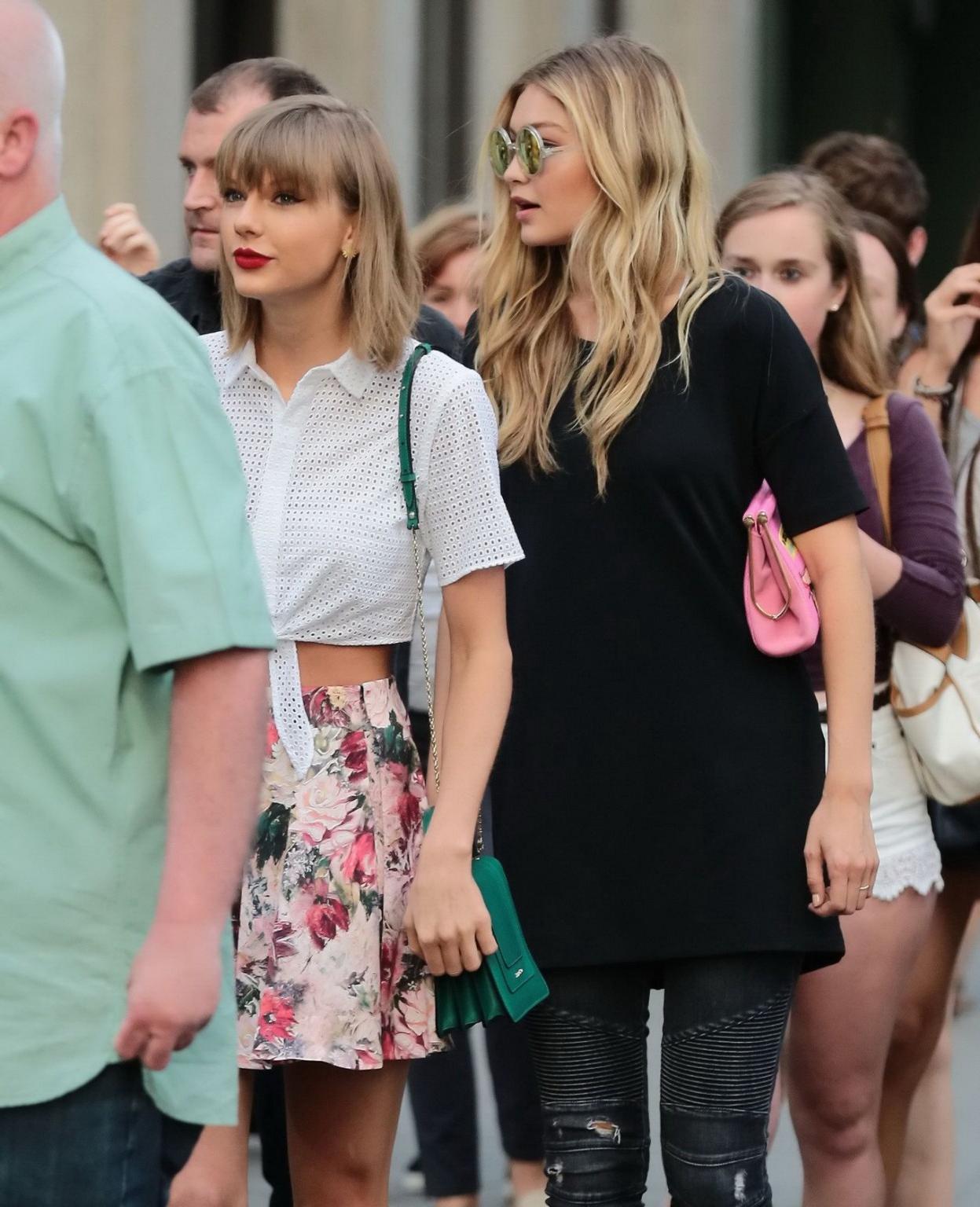 16P Taylor Swift see through to bra and leggy with Martha Hunt and Gigi Hadid out in