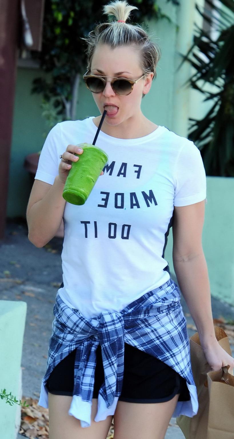 16P Kaley Cuoco seethrough to bra and leggy while sucking coffee out in Studio City