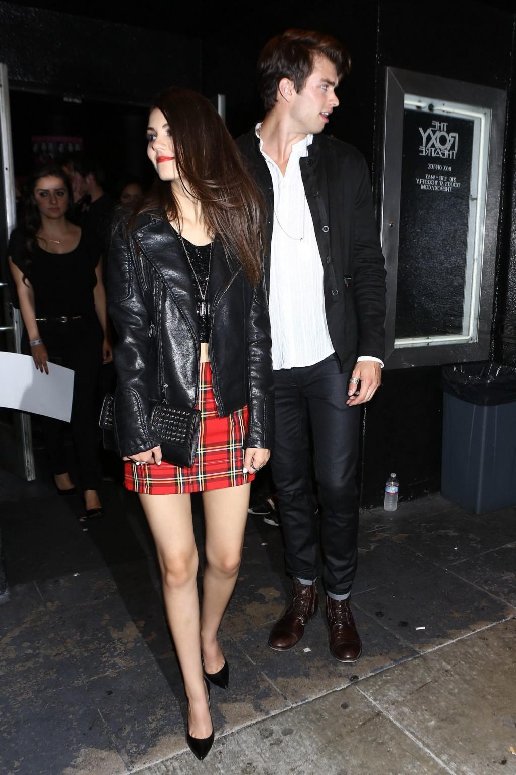 16P Victoria Justice leggy in plaid mini skirt leaving the Roxy Theatre in West Holl